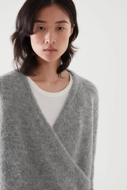 Women's Grey Asymmetrical Wool Cardigan – Lace-Up Knit