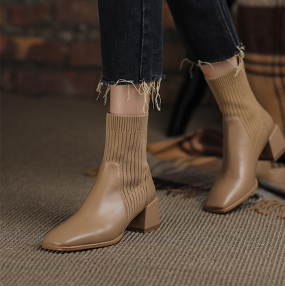 Women's Knitted Ankle Sock Boots – Elegant Chunky Heel Square Toe Booties