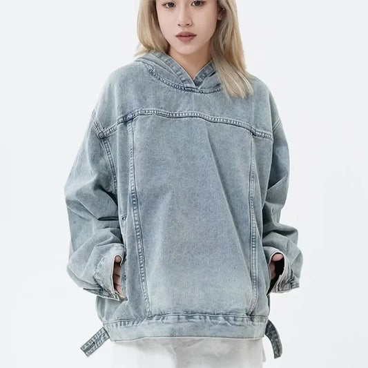 Vintage Denim Hoodie for Women – Harajuku Streetwear Jean Pullover Sweatshirt