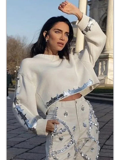 Cropped Autumn Sweater – Sequin Detail Loose Pullover for Women