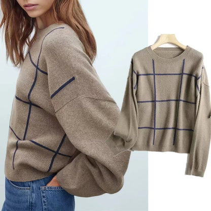 Vintage Plaid Winter Sweater for Women – England High Street O-Neck Loose Fit Pull Femme Fashion Pullover Tops