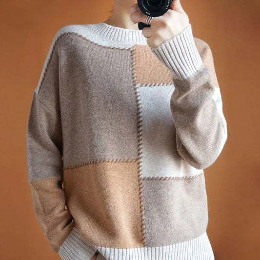 Contrast Color O-Neck Sweater – Long Sleeve Loose Fit for Women, Casual Korean Style All-Match Pullover for Autumn & Winter