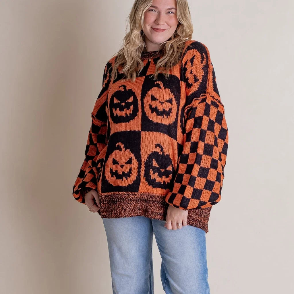 Halloween Knitted Sweater for Women – Autumn Gothic Pumpkin Print, Streetwear Harajuku Winter Warm Loose Casual Pullover