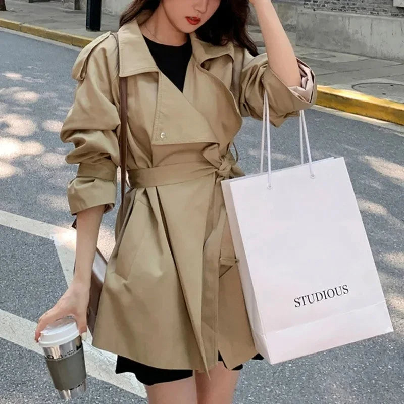 Elegant Office Fashion Lapel Collar Windbreaker Trench Coats with Sashes