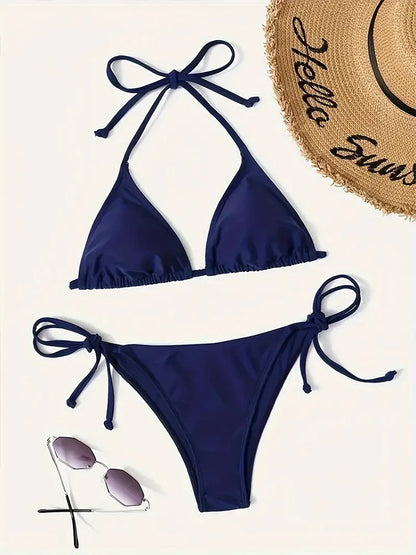 Sexy Navy Blue Thong Bikini Set for Women - 2-Piece Triangle Bandage Swimsuit, Beachwear