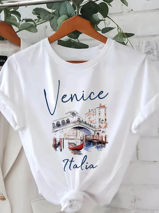 Venice Italy Graphic Appliqué Tee – Women’s Summer Casual T-Shirt, Street Style Outfit