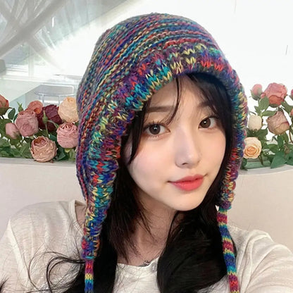 Women's Thick Knit Winter Hat – Cozy Stylish Rainbow Lace-Up Dome Cap, Windproof & Foldable