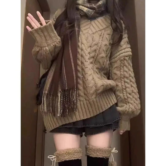 Retro V-neck Twist Knitted Women Winter Sweaters