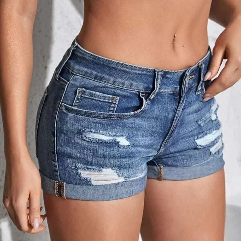 Women's Mid-Rise Distressed Denim Shorts Summer Beach Fashion Curled Cuff Perforated Design Elastic Slim Fit Casual Shorts