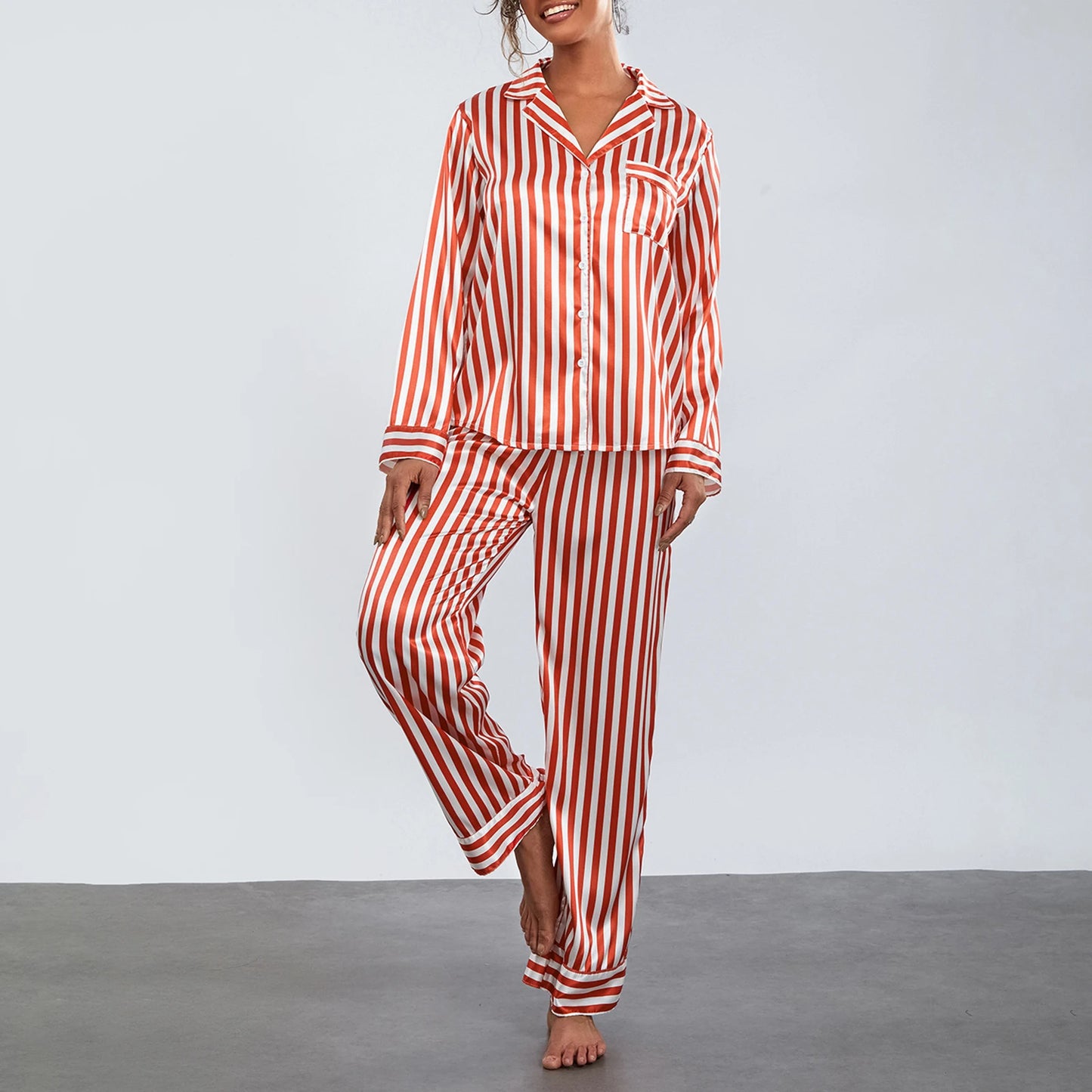 Striped Long Sleeve Satin Women's Christmas Pajama Sets