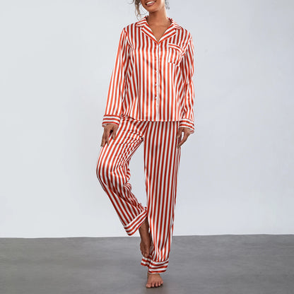 Hirigin Christmas Women’s Striped Pajama Set – Long Sleeve Satin Shirt & Elastic Wide Loose Pants, 2-Piece Lounge Sleepwear