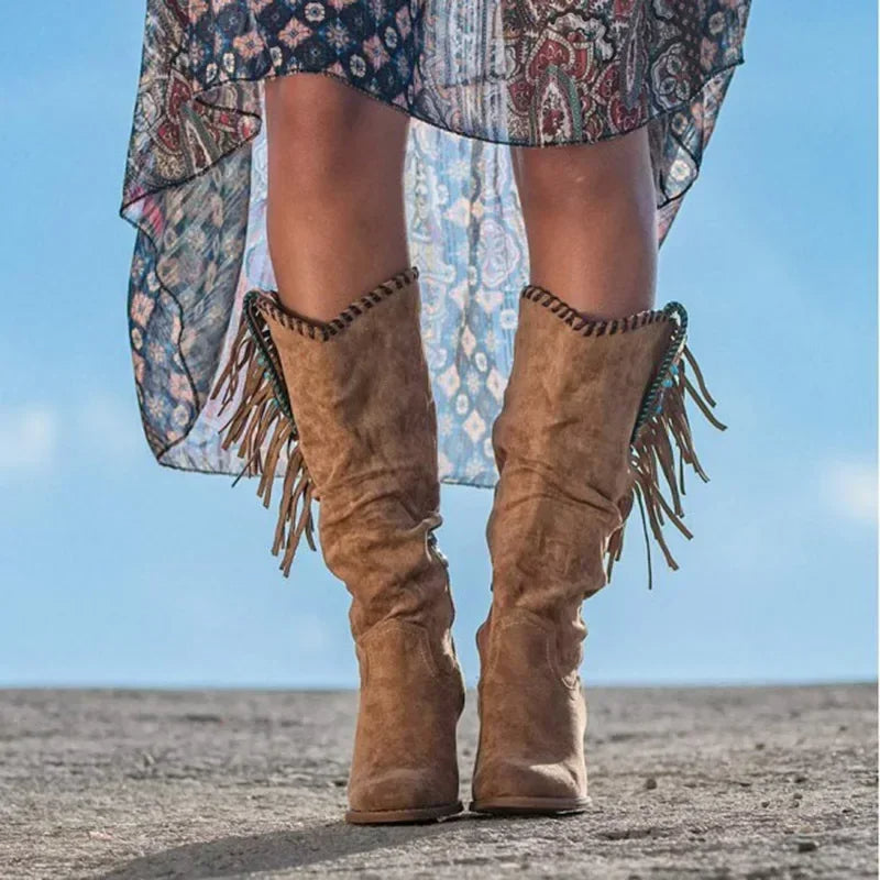 Vintage Tassel Knee-High Boots – Women's Faux Suede Western Boots, Pointed Toe & Square Heels