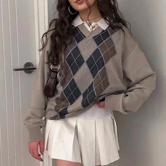Women's Preppy Style Argyle V-Neck Pullover Sweater