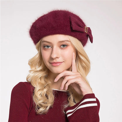 Elegant Women's Rabbit Fur Wool Beret – Bow Detail, French Artist Hat, Autumn Winter Fashion, British Painter Beanie