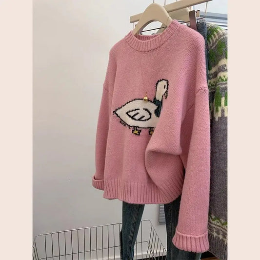 Cute Cartoon Embroidered Sweater – Trendy Pink Knit Pullover, Casual Loose Fit Long Sleeve Jumper for Women