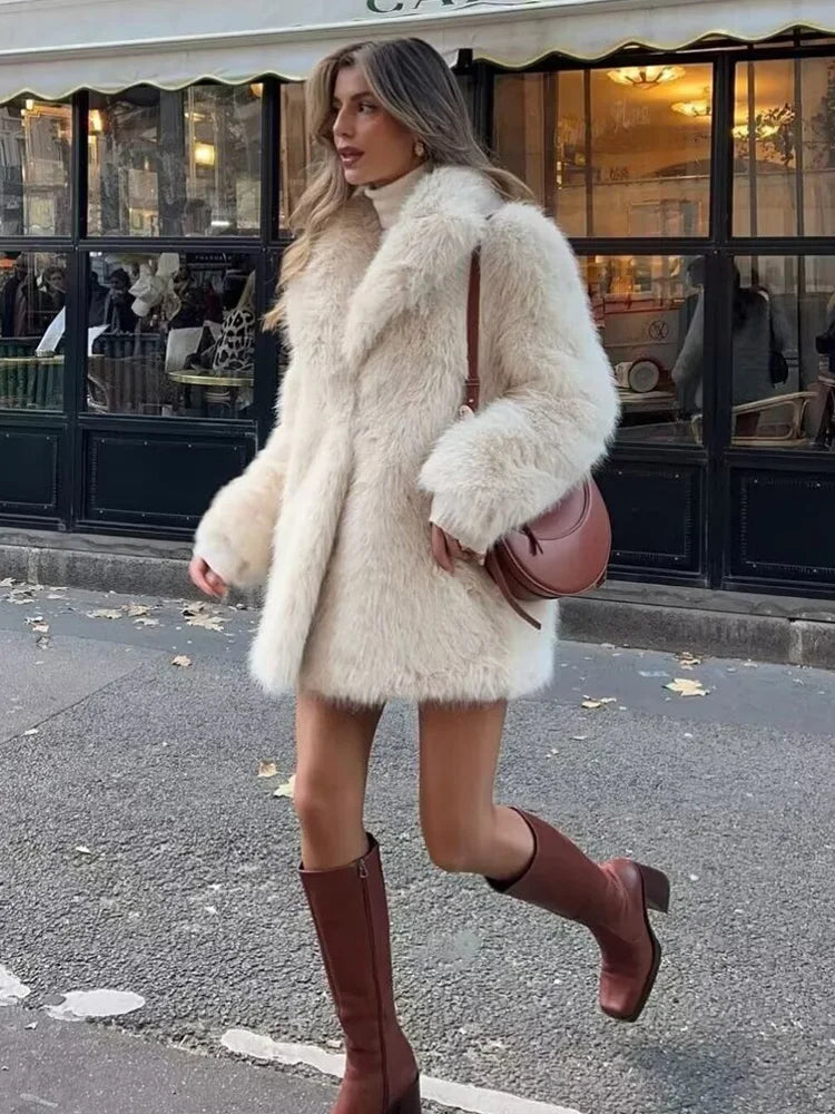 Autumn Winter Fashion Chic Beige Faux Fur Jackets