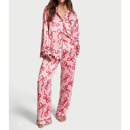 Women's Satin Pajama Set – 2-Piece Star Print Loungewear with Lapel Shirt & Elastic Waist Pants