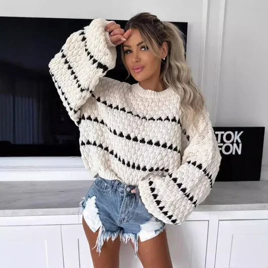 Autumn/Winter New Oversized Striped O-Neck Sweater for Women – Loose & Comfortable Casual Pullover, Fashion Trend Knitted Sweater