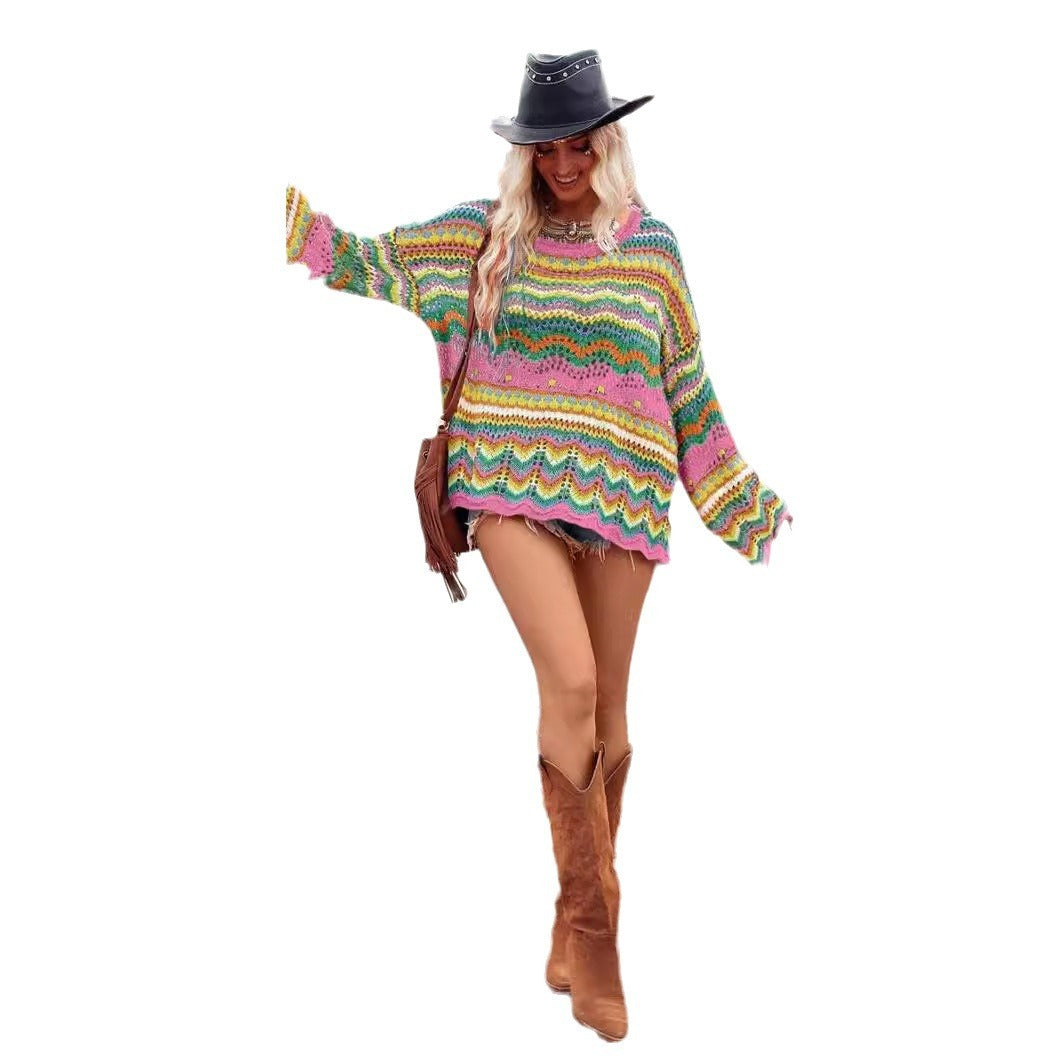 Women’s Geometric Knit Pullover – Thin Polyester Top