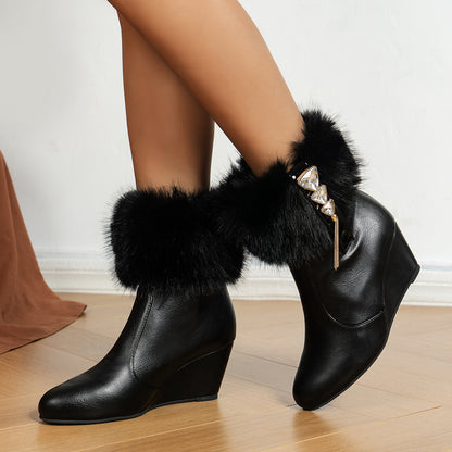 Genuine Leather High Quality Warm Plush Inside Mid Calf Boots For Women
