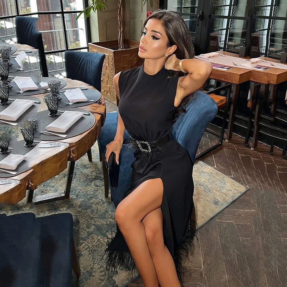 Elegant Belt Waist Women Bandage Party Dress