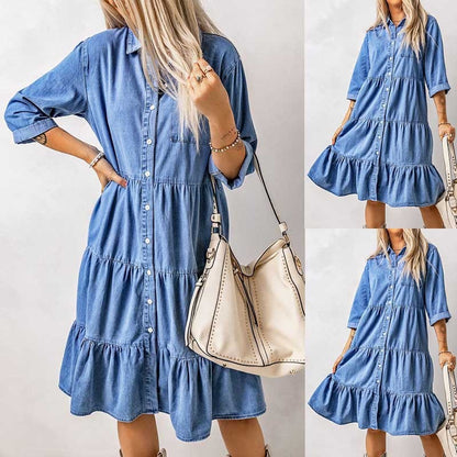 Women Single Breasted Streetwear Denim Midi Dress