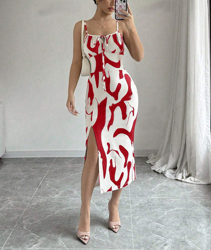 Summer Printed Suspender Split Dress | Flowy Long Dress for Vacations & Casual Outfits