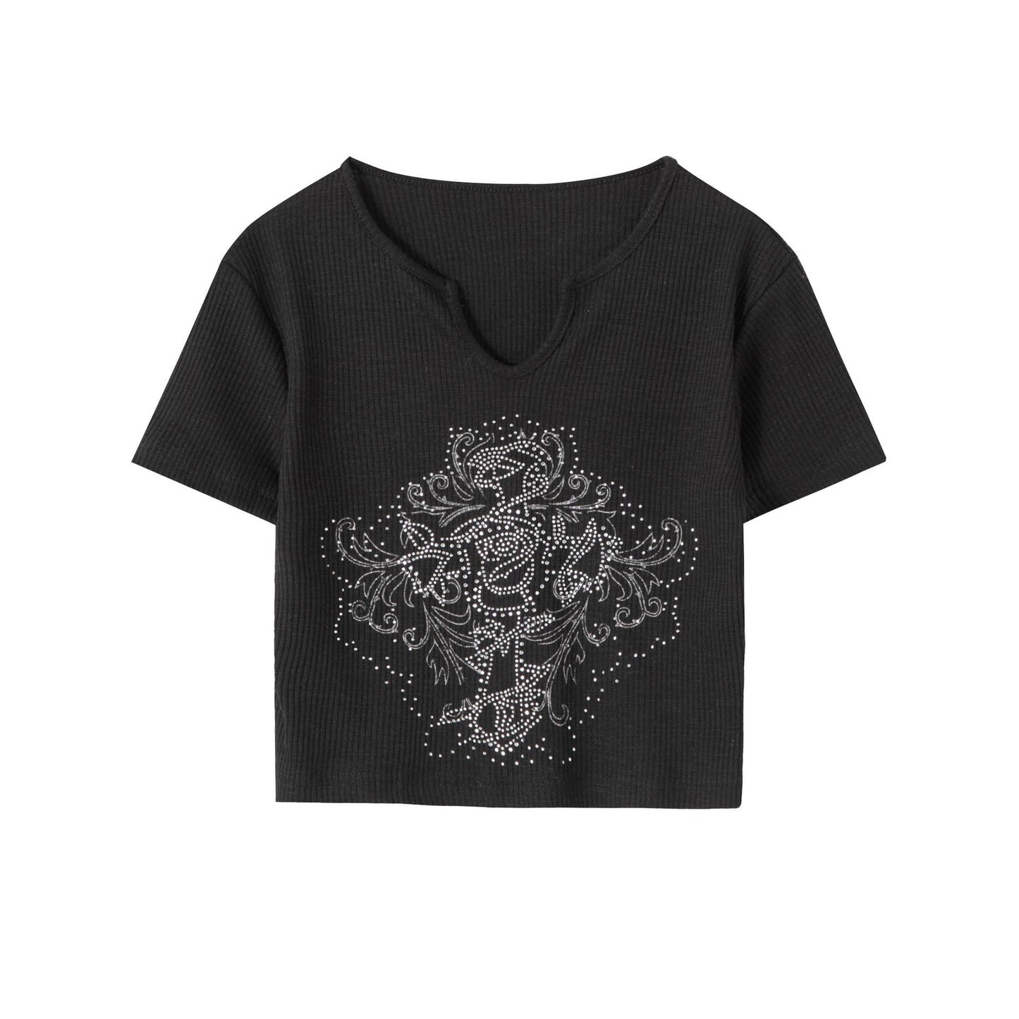 Black Rhinestone Graphic Crop Top - Effortless Styling Look