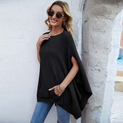 2025 Autumn Winter Women S Shawl Cape Sweater Oversized Turtleneck Solid Color Poncho With Bat Sleeves Knitted Pullover Coat