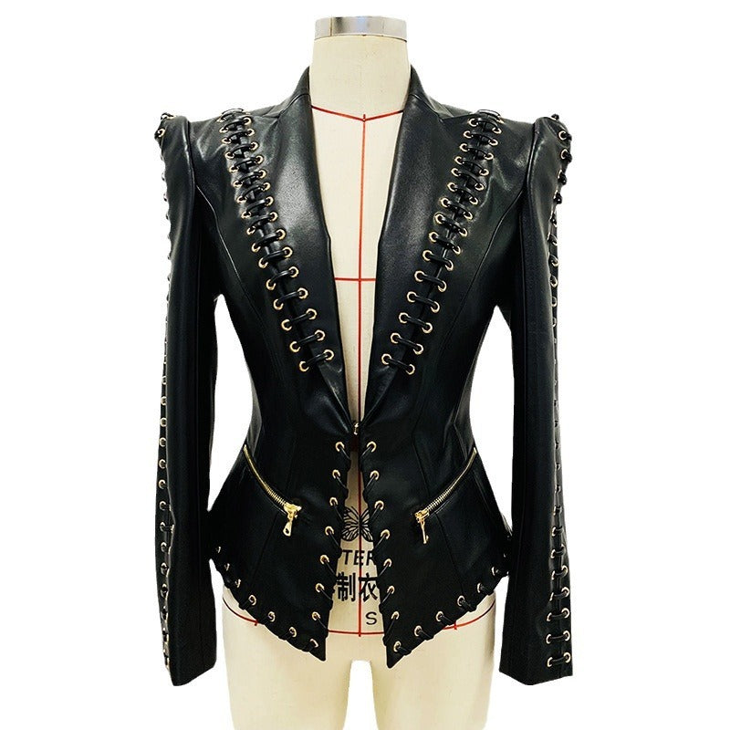Lapel Collar Elegant Leather Cropped Jackets