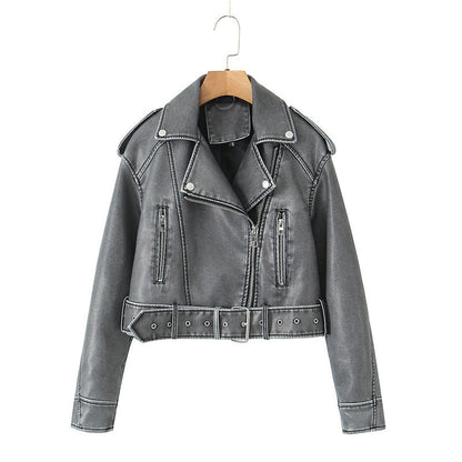 New Spring Autumn Fashion Womens Casual Belted Faux Leather Jackets