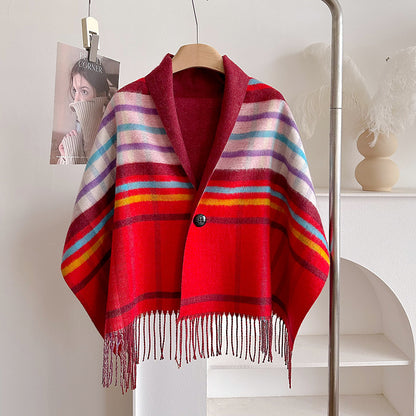 Double-Sided Wool Cloak – Tassel Shawl with Color Grid for Winter