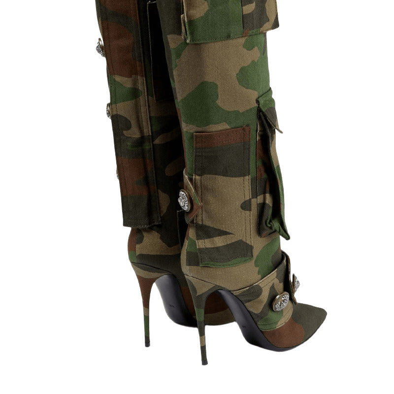 Womens Camouflage Thin High Heel Knee High Boots
