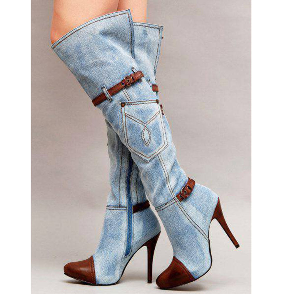 Western Cowgirl Style Denim Long Knee High Boots
