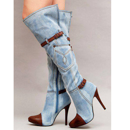 Western Cowgirl Style Denim Long Knee High Boots