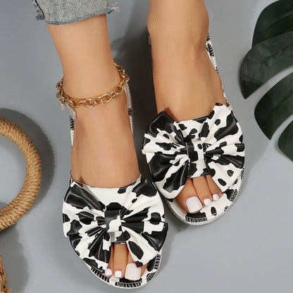 2025 Hot Sale Ladies Open Toe Slippers With Bow Tie And Leopard Print Plus Size Flat Outdoor Daily Sandals For Women