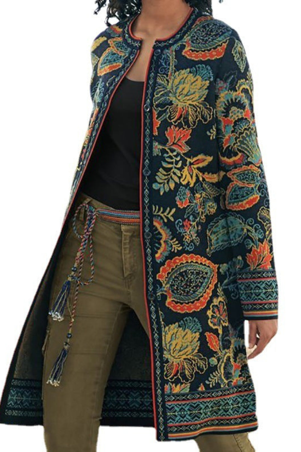 Long, patterned coat with colorful designs on a white background