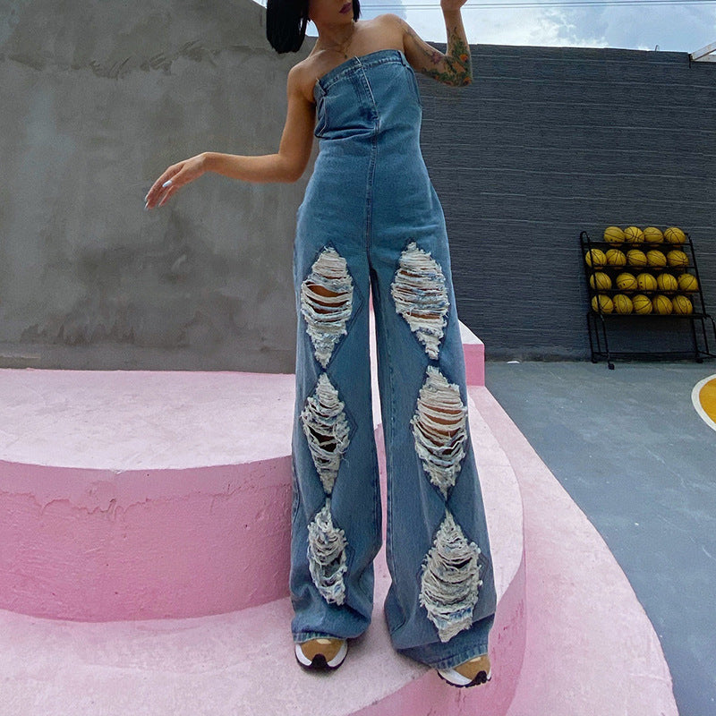 Full Ripped Style Hollow Out Strapless Backless Jean Jumpsuit