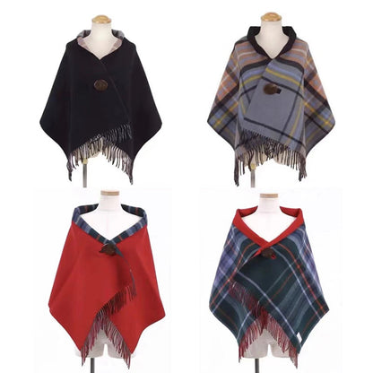 Double-Sided Wool Cloak – Tassel Shawl with Color Grid for Winter