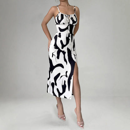 Summer Printed Suspender Split Dress | Flowy Long Dress for Vacations & Casual Outfits