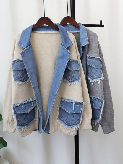 Urban Cool: Denim Stitching Knit Cardigan for Women