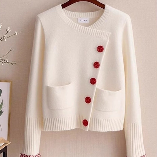 White Knitted Cardigan Sweater for Women – Loose Pullover with Crocheted Flowers, Cozy Fall & Winter Outfit