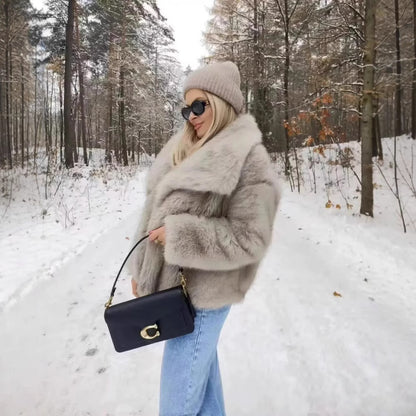 Elegant Women Collarless Thick Faux Fur Coats