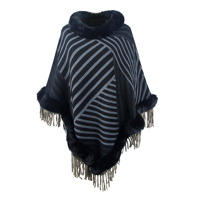 Drizzling Fur Collar Knitted Cape – Cozy Elegance in Every Stripe