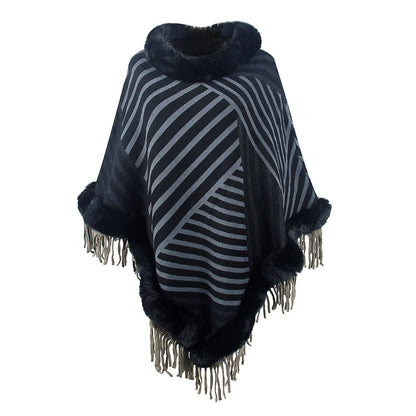 Drizzling Fur Collar Knitted Cape – Cozy Elegance in Every Stripe