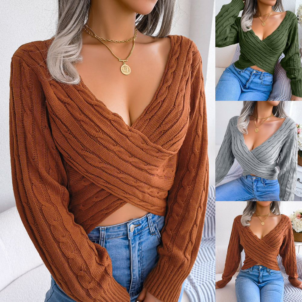 Cross V-Neck Cropped Sweater for Women – Slim Fit Street Hipster Pullover
