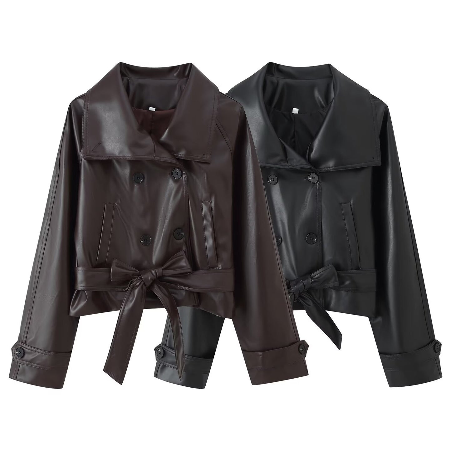 Ladies Long Sleeve Patent Leather Lapel Cropped Coats