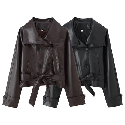 Ladies Long Sleeve Patent Leather Lapel Cropped Coats