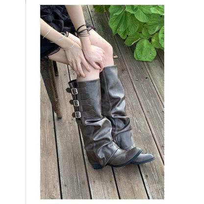Womens Vintage Brown Western Cowboy Boots Tassel PU Leather Ankle Booties Pleated High Heeled Mid Calf Boots For Autumn Winter