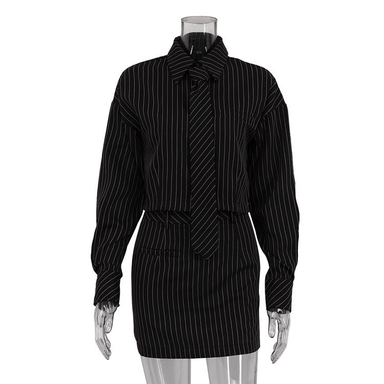 Striped Two-Piece Set for Women – Long Sleeve Tie Shirt & Mini Skirt Officewear Outfit